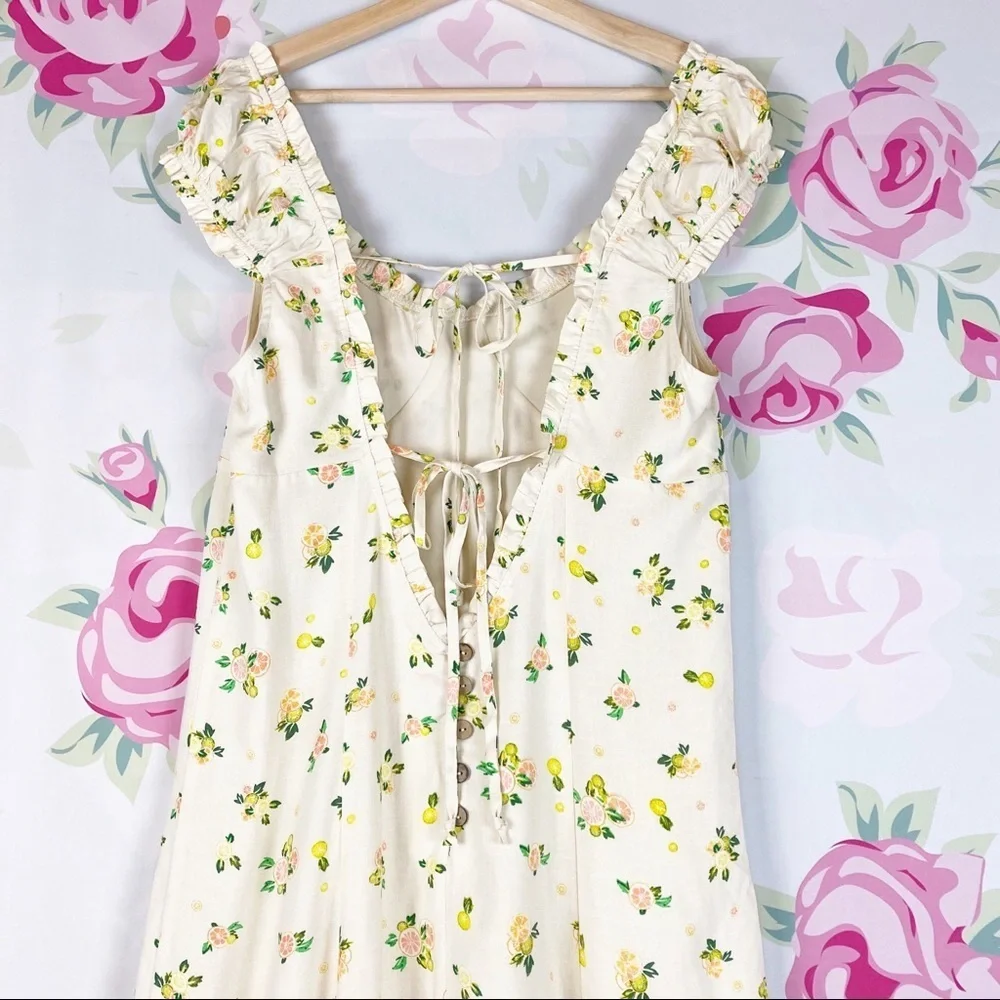 NEW Free People Like A Lady Butter Yellow Ruffle Floral Mini Dress M